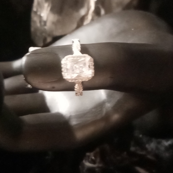 Princess cut simulated diamond engagement ring with pave diamond twisted band. - Picture 2 of 7